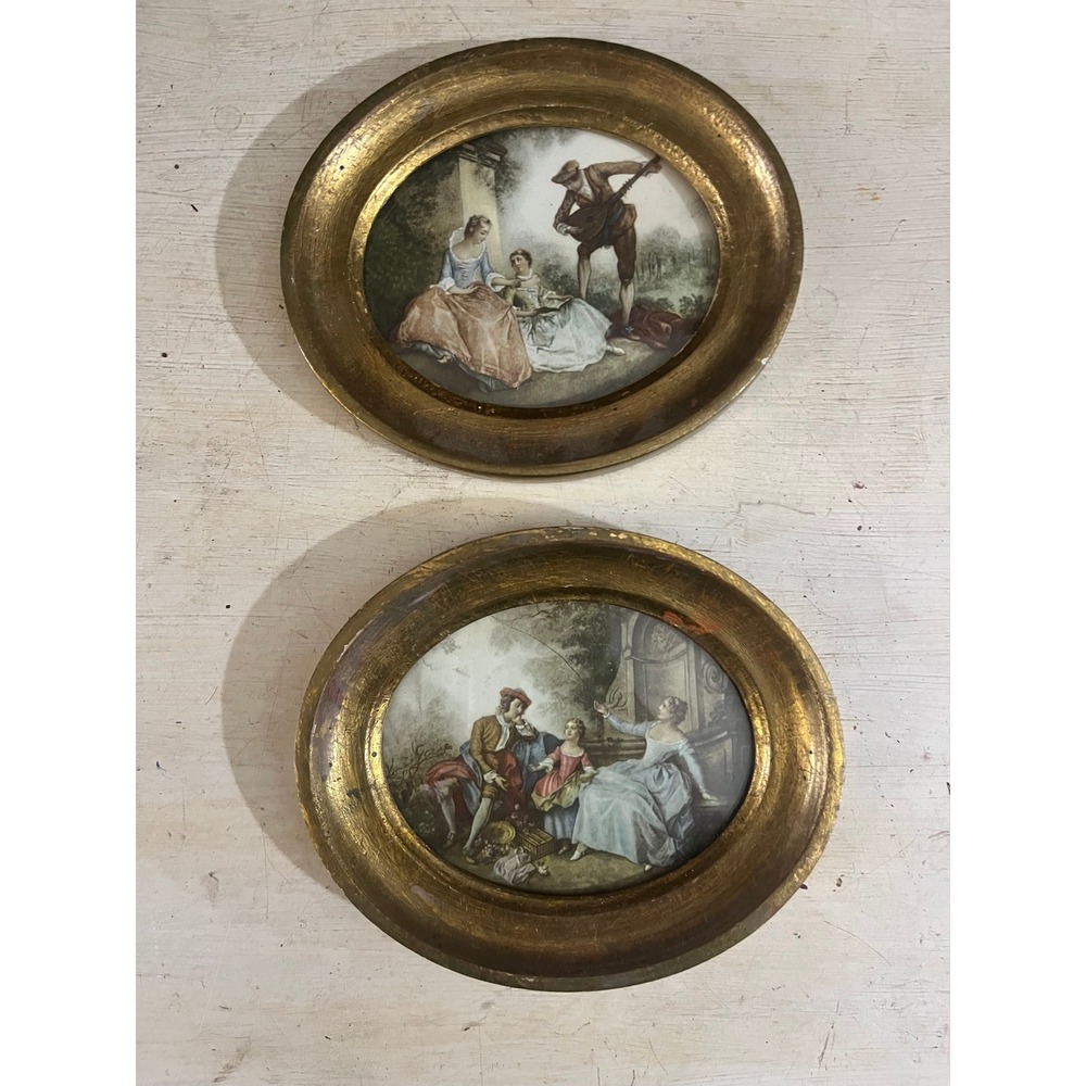 Vintage‎ Set of 2 Oval Gold Framed Rococo Miniature Prints Courting Scenes Decor